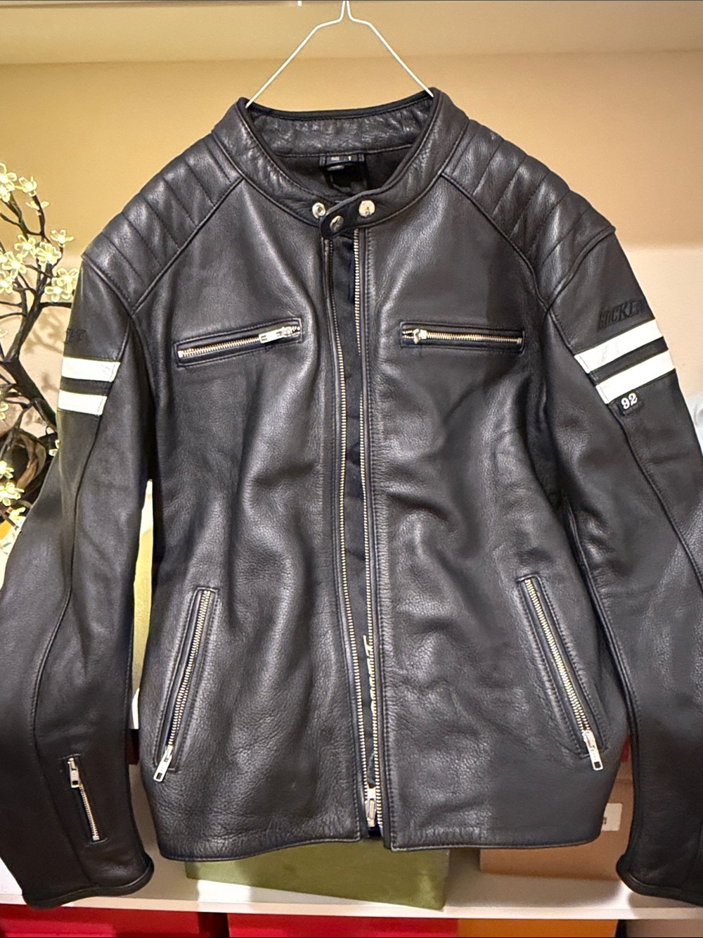 Men's Black Leather Bomber Jacket with White Sleeve Stripes